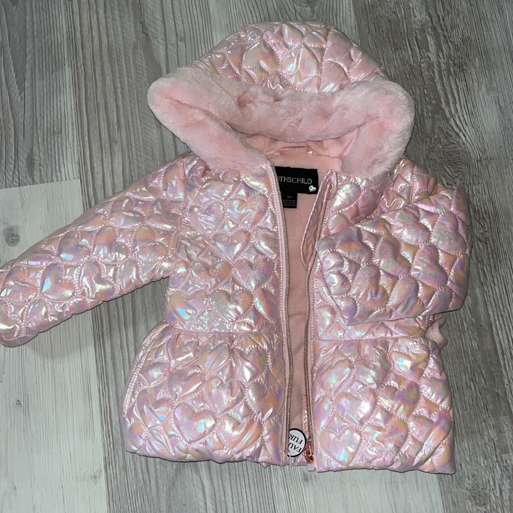 Beautiful Holographic Pink, Quilted Hearts, Faux Fur Coat 18M